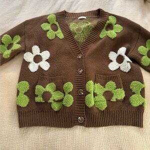 Brown Floral Button-Up Cardigan Sweater - Green & White Flower Appliqués